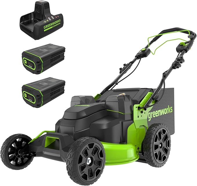 Greenworks 82V 25” Battery Powered Lawn Mower, (2) 4.0Ah Batteries and Dual Port Rapid Charger